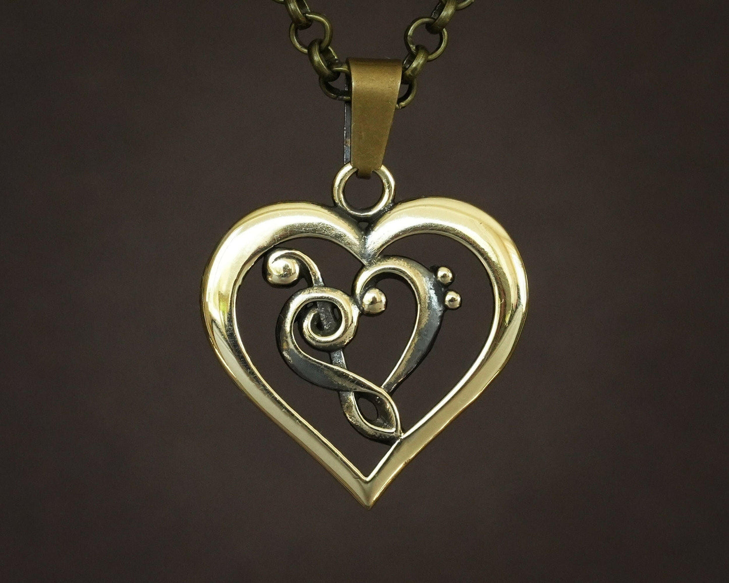 Treble & Bass Clef Heart Pendant Necklace Amulet for Her Women music brass / 925 Sterling Silver - Baldur Jewelry