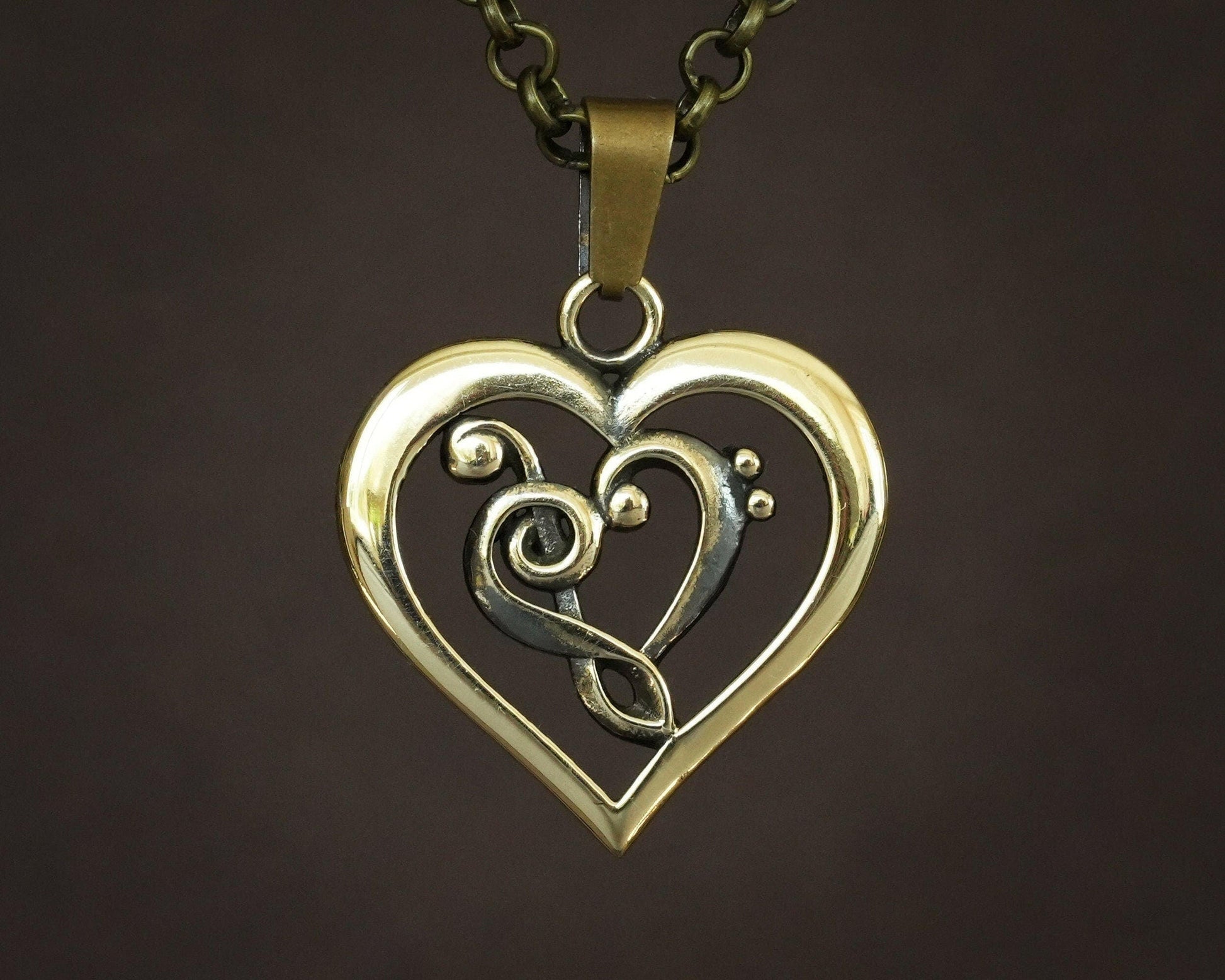 Treble & Bass Clef Heart Pendant Necklace Amulet for Her Women music brass / 925 Sterling Silver - Baldur Jewelry