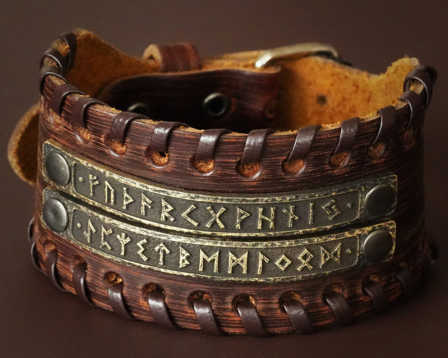 Genuine Leather Bracelet With Viking Rune Futhark Metal Plates For Men Women, Adjustable Wrap, Ethnic Tribal Braided Bracelet Wristbands - Baldur Jewelry