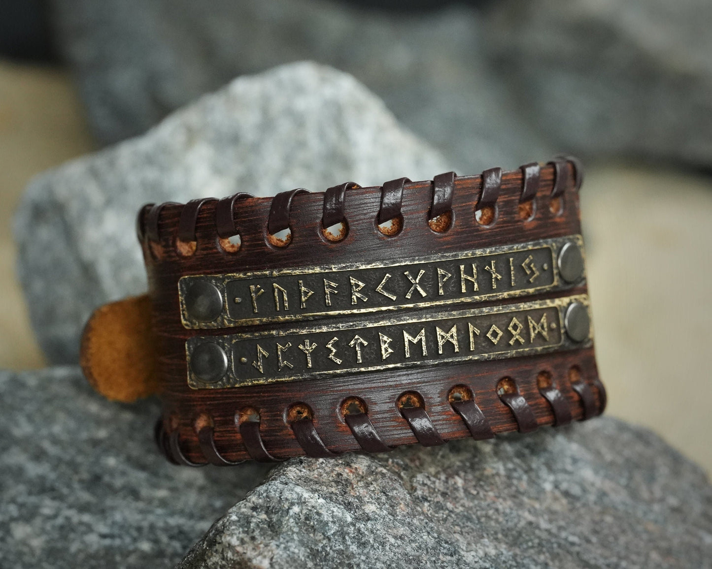 Genuine Leather Bracelet With Viking Rune Futhark Metal Plates For Men Women, Adjustable Wrap, Ethnic Tribal Braided Bracelet Wristbands - Baldur Jewelry