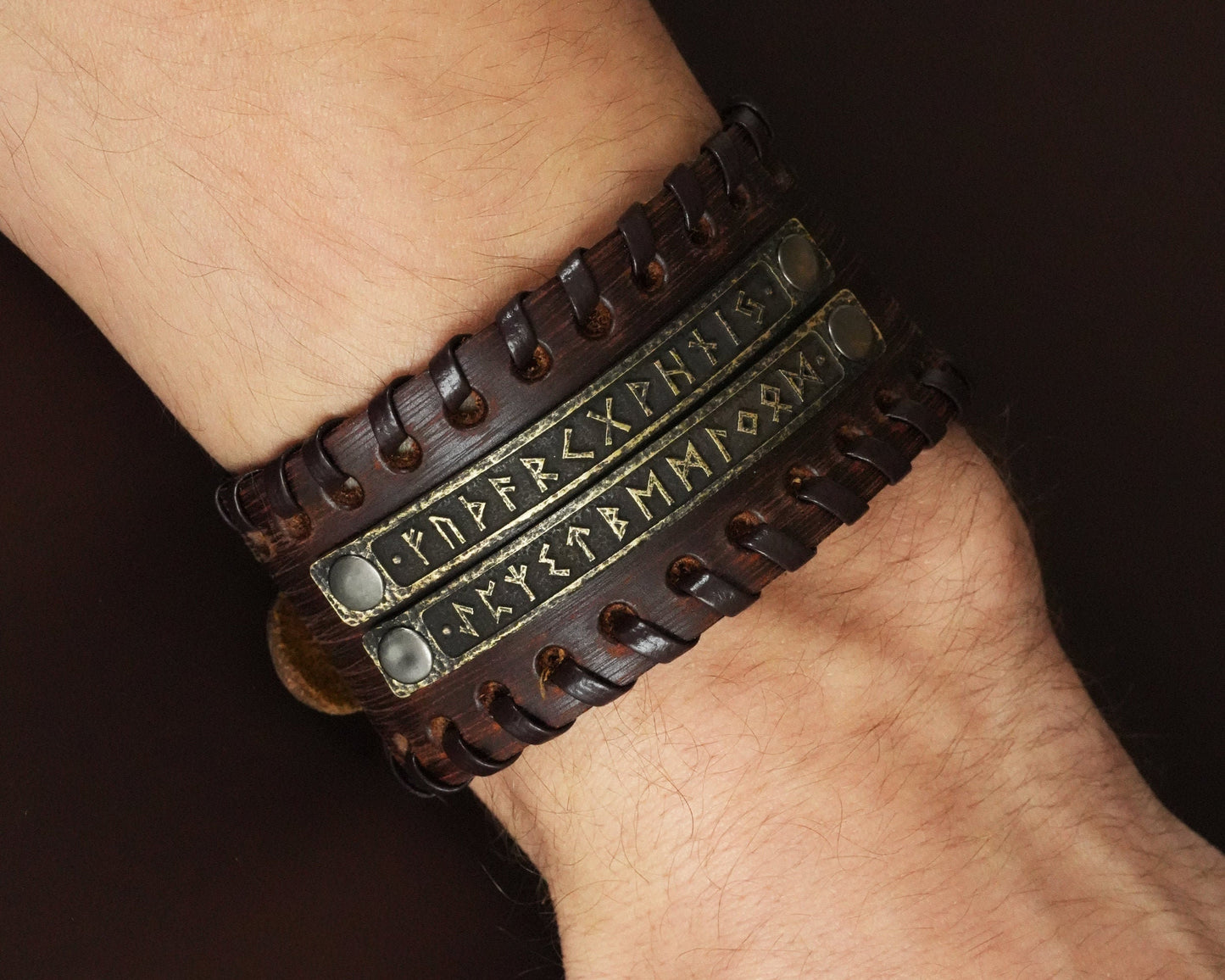 Genuine Leather Bracelet With Viking Rune Futhark Metal Plates For Men Women, Adjustable Wrap, Ethnic Tribal Braided Bracelet Wristbands - Baldur Jewelry