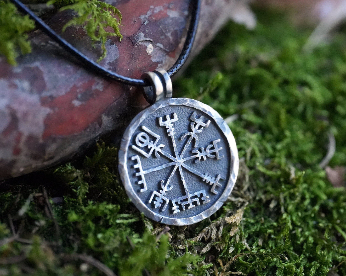 Men Compass North Star Necklace With Adjustable String Sterling Silver - Handmade By Gudbrand - Baldur Jewelry