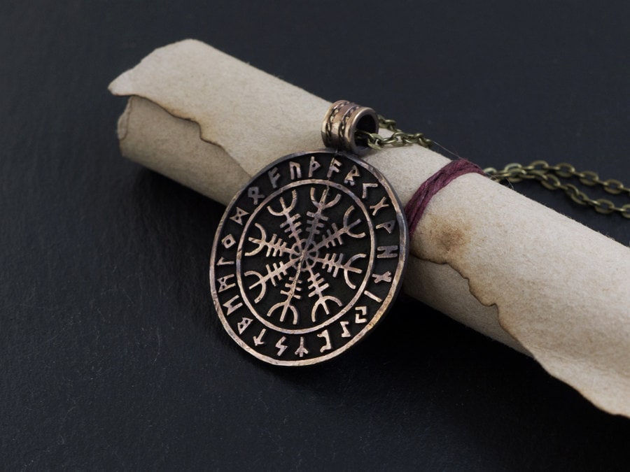 Viking Norse Aegishjalmur Helm of Awe With Runes Protection Pendant Necklace Amulet Talisman With Chain - Baldur Jewelry
