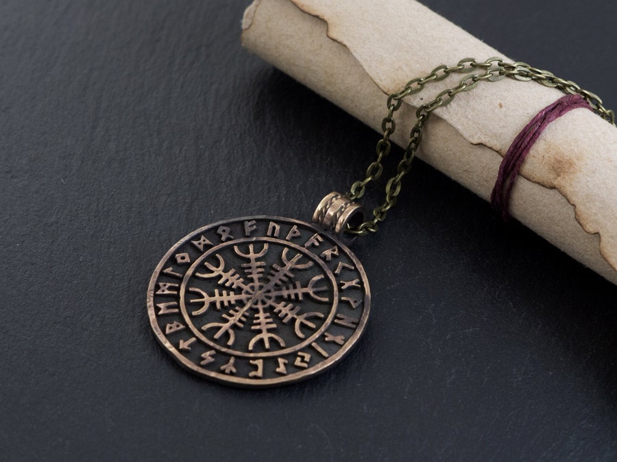 Viking Norse Aegishjalmur Helm of Awe With Runes Protection Pendant Necklace Amulet Talisman With Chain - Baldur Jewelry
