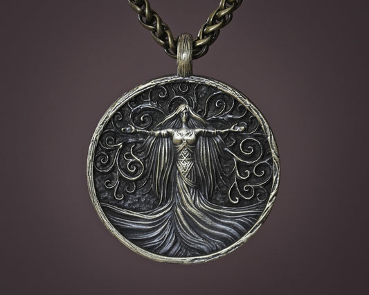 Viking Guardian Goddess Valkyrie Freya Pendant, Tree of Life and Triskelion, Double-Sided Norse Symbol Necklace