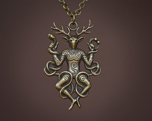 Cernunnos Horned God Necklace, Celtic Antler Pendant, Nature Talisman Viking Jewelry - Sterling Silver / Brass