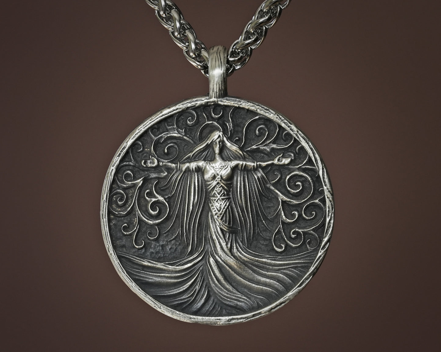 Viking Guardian Goddess Valkyrie Freya Pendant, Tree of Life and Triskelion, Double-Sided Norse Symbol Necklace