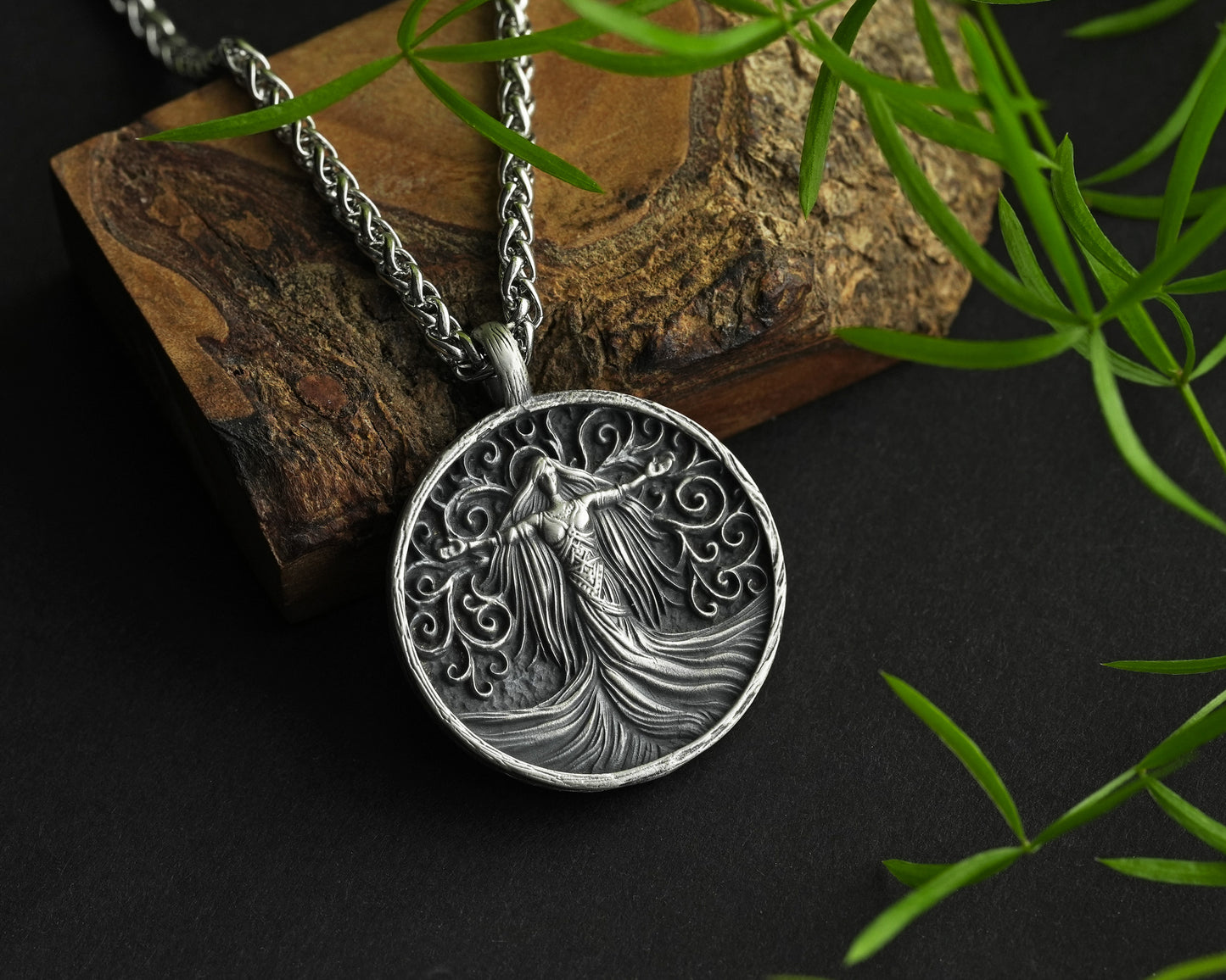 Viking Guardian Goddess Valkyrie Freya Pendant, Tree of Life and Triskelion, Double-Sided Norse Symbol Necklace