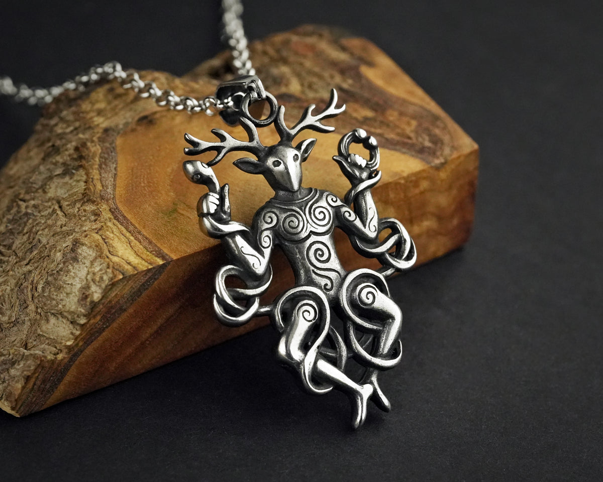 Cernunnos Horned God Necklace, Celtic Antler Pendant, Nature Talisman Viking Jewelry - Sterling Silver / Brass