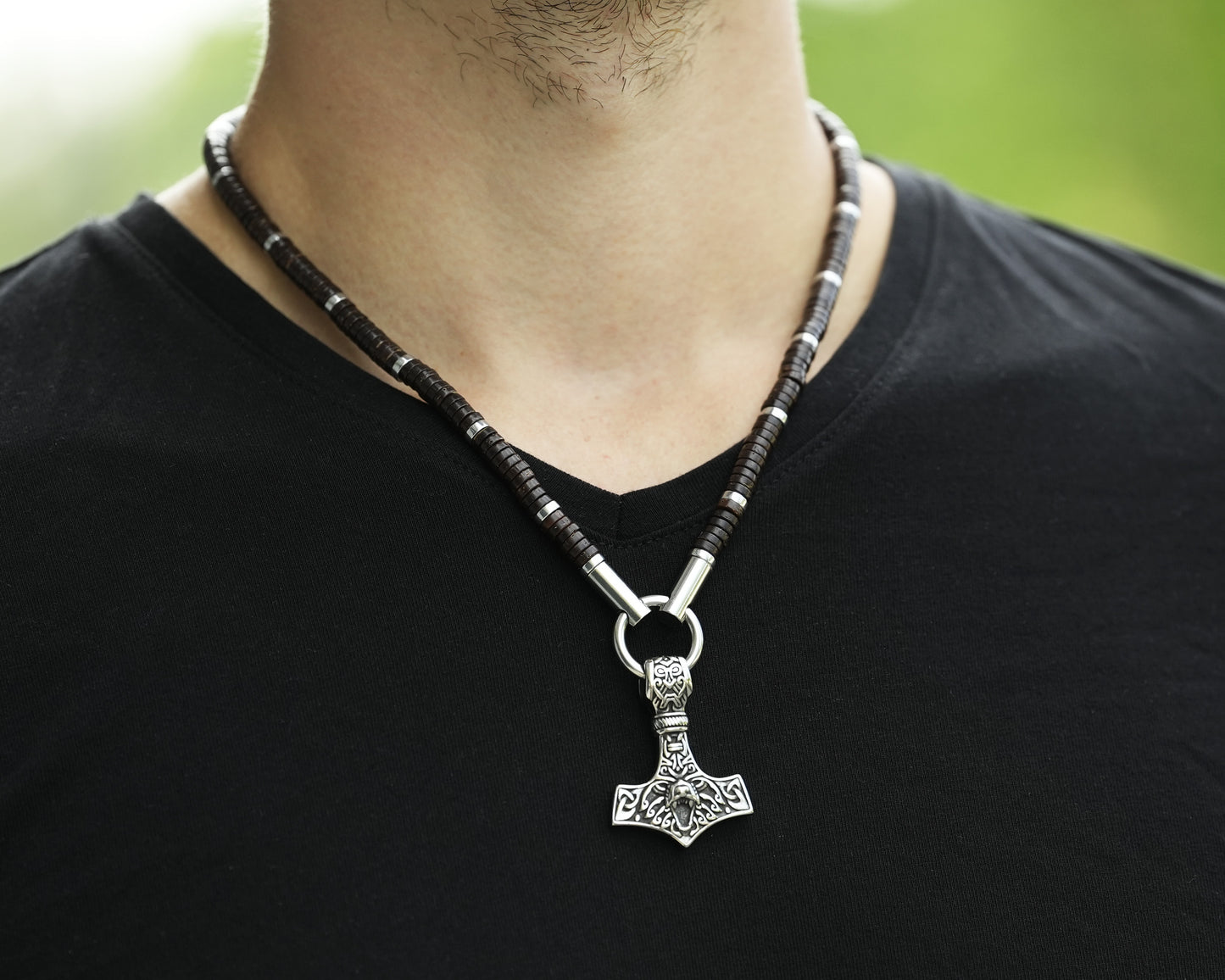 925 Sterling Silber Bär Wikinger Thors Hammer Halskette Anhänger - Mut und Stärke Amulett Talisman - Thor Geschenke für Männer - Wikinger