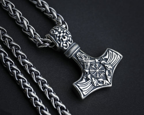 925 Sterling Silver Viking Men Thors Hammer Vegvisir Aegishjalmur Raven Huginn Muninn Mjölnir Pendant Necklace Amulet Talisman Jewelry