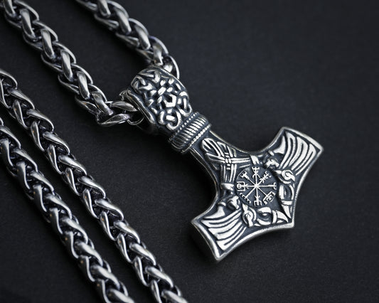 925 Sterling Silver Viking Men Thors Hammer Vegvisir Aegishjalmur Raven Huginn Muninn Mjölnir Pendant Necklace Amulet Talisman Jewelry