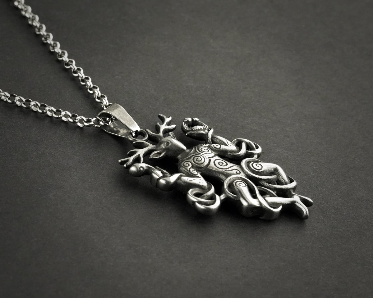 Cernunnos Horned God Necklace, Celtic Antler Pendant, Nature Talisman Viking Jewelry - Sterling Silver / Brass