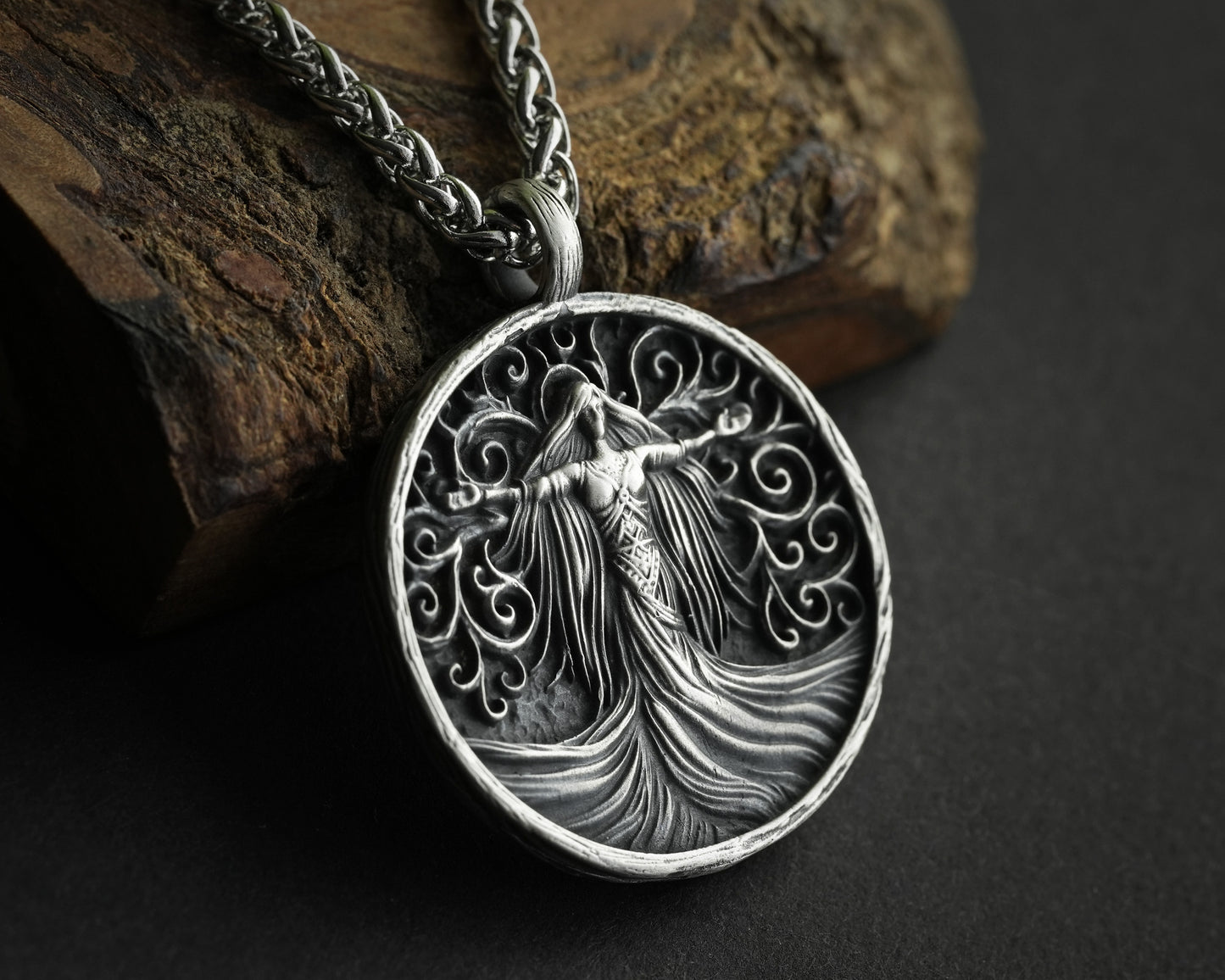 Viking Guardian Goddess Valkyrie Freya Pendant, Tree of Life and Triskelion, Double-Sided Norse Symbol Necklace