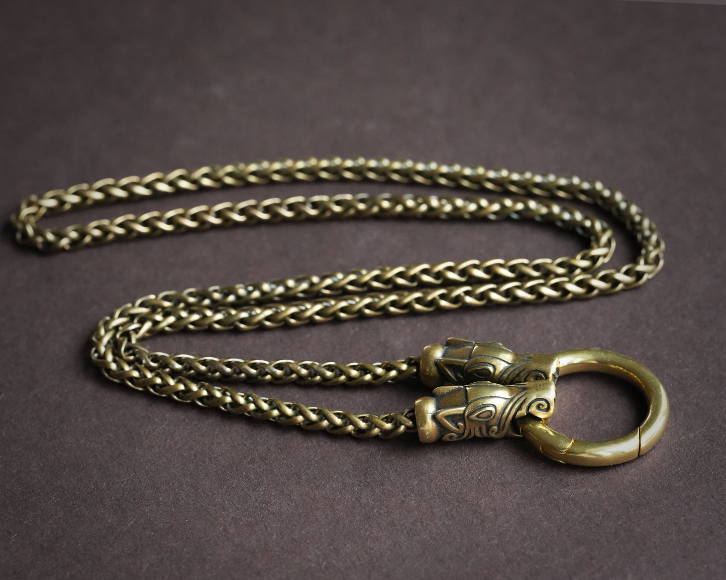 925 Sterling Silver, Brass, Stainless Steel Terminal Viking Wheat Chain 4 mm with Dragon Heads  and Rounded Spring Clasp 23 inches long