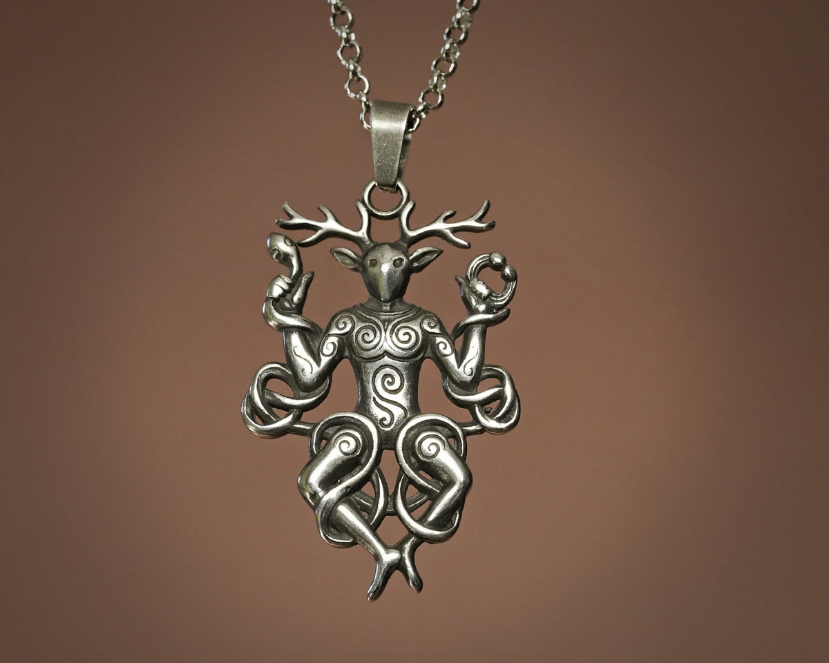 Cernunnos Horned God Necklace, Celtic Antler Pendant, Nature Talisman Viking Jewelry - Sterling Silver / Brass