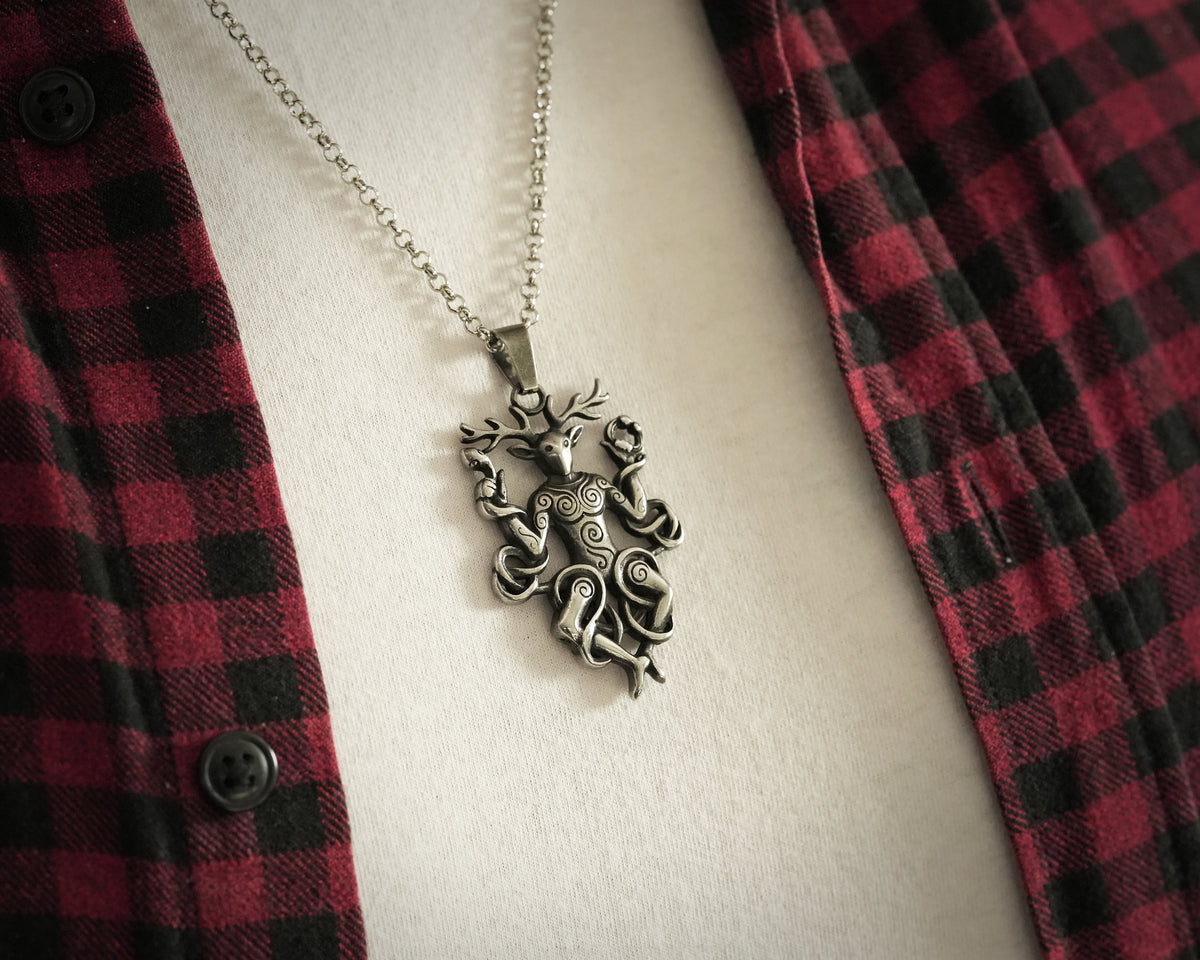 Cernunnos Horned God Necklace, Celtic Antler Pendant, Nature Talisman Viking Jewelry - Sterling Silver / Brass