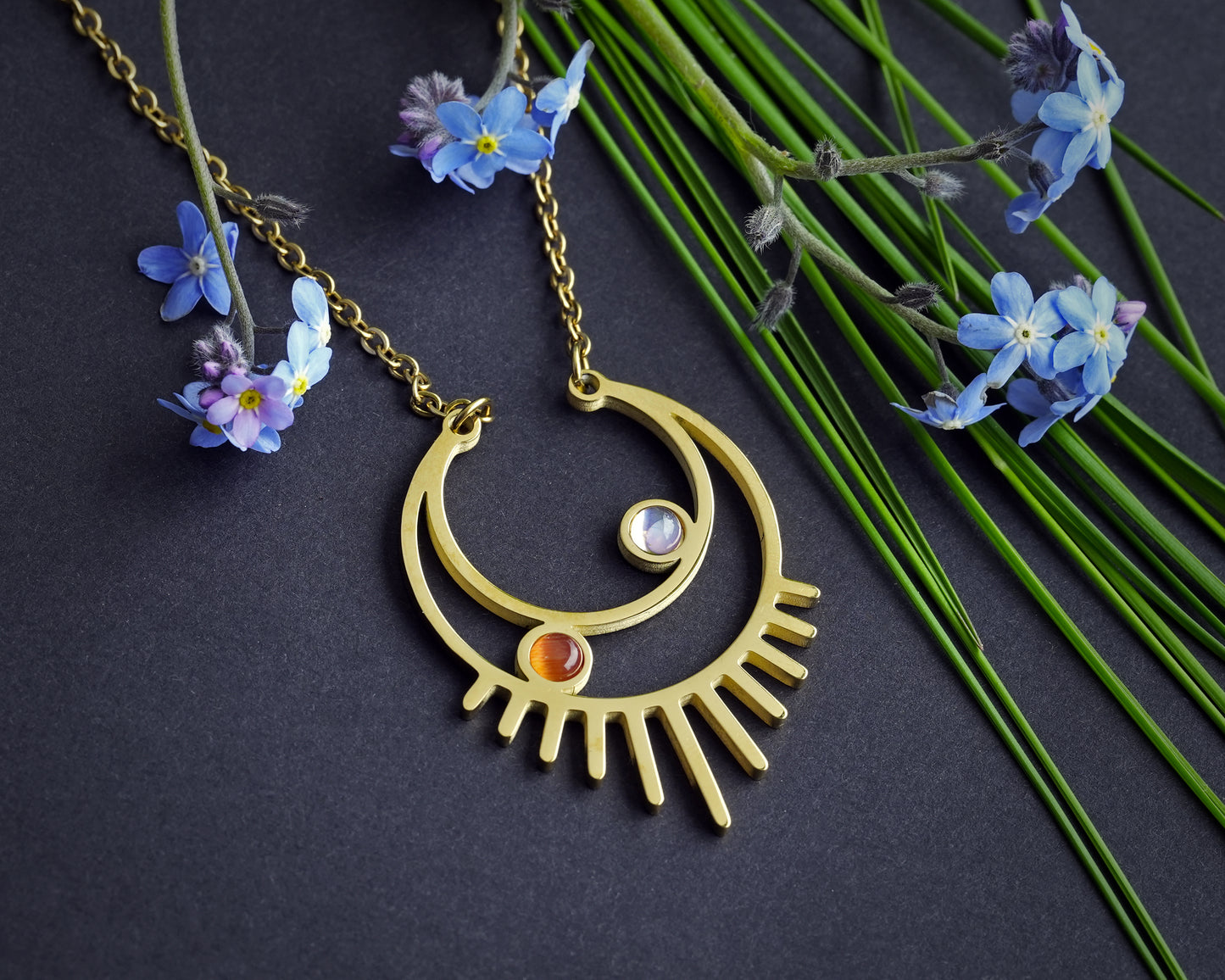 Sun and Moon Rising Woman Empowerment Gold-Plated Necklace with Sunstone and Moonstone - Spiritual Yoga Mindfulness Jewelry in a Gift Box for Women