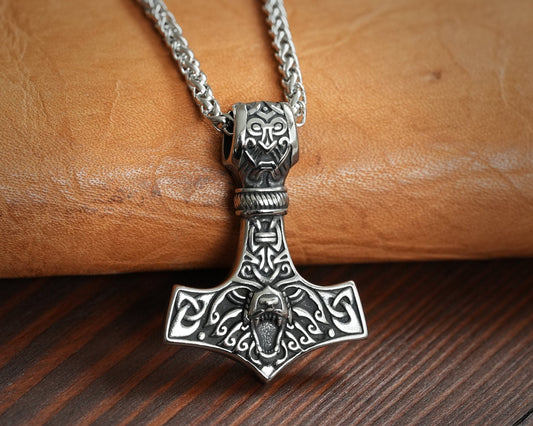 925 Sterling Silver Bear Wolf Viking Thors Hammer Necklace Pendant - Courage and Strength Amulet Talisman - Thor Gifts for Men - Viking - Baldur Jewelry