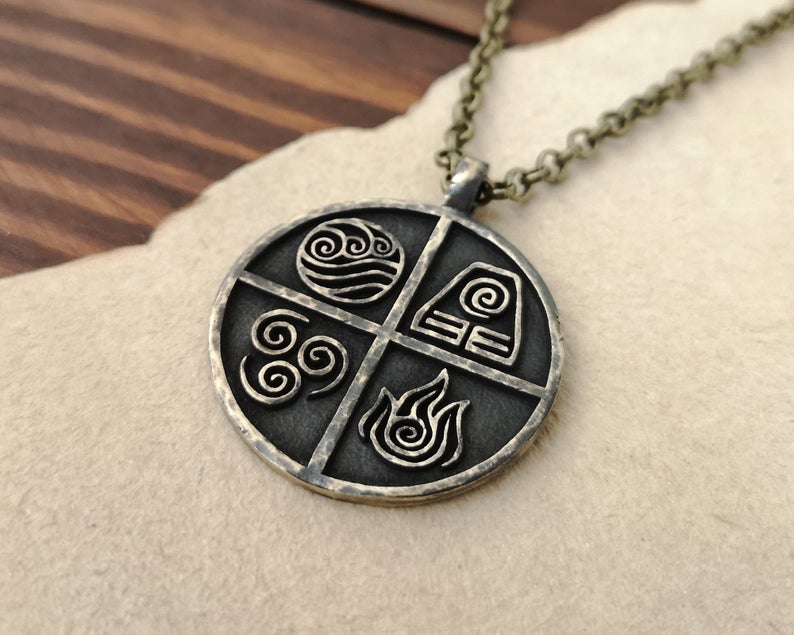 925 Sterling Silver / Brass Avatar The Last Airbender Air Fire Earth Water Elements Necklace Pendant Amulet Jewelry Accessories - Baldur Jewelry