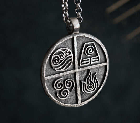 925 Sterling Silver / Brass Avatar The Last Airbender Air Fire Earth Water Elements Necklace Pendant Amulet Jewelry Accessories - Baldur Jewelry