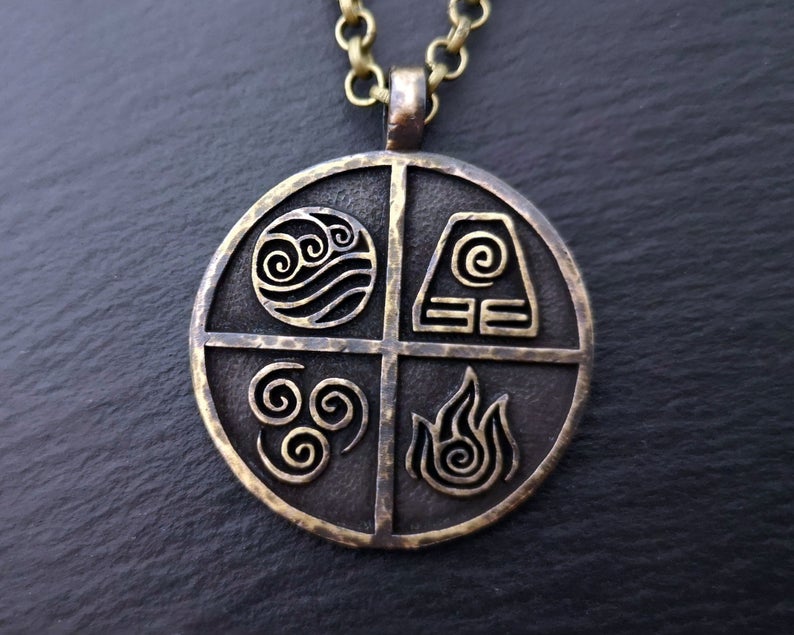 925 Sterling Silver / Brass Avatar The Last Airbender Air Fire Earth Water Elements Necklace Pendant Amulet Jewelry Accessories - Baldur Jewelry