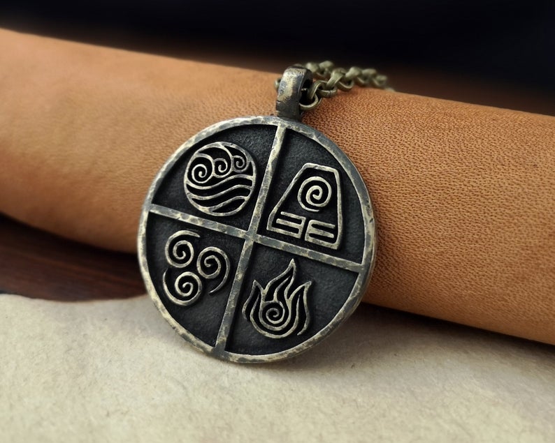 925 Sterling Silver / Brass Avatar The Last Airbender Air Fire Earth Water Elements Necklace Pendant Amulet Jewelry Accessories - Baldur Jewelry