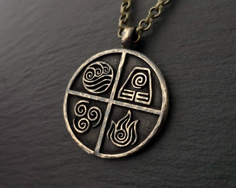 925 Sterling Silver / Brass Avatar The Last Airbender Air Fire Earth Water Elements Necklace Pendant Amulet Jewelry Accessories - Baldur Jewelry