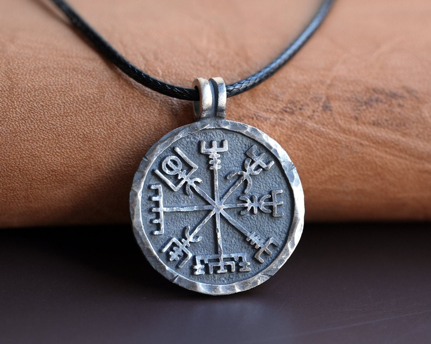 925 Sterling Silver Compass Necklace For Men With Adjustable String Handmade By Gudbrand - Baldur Jewelry