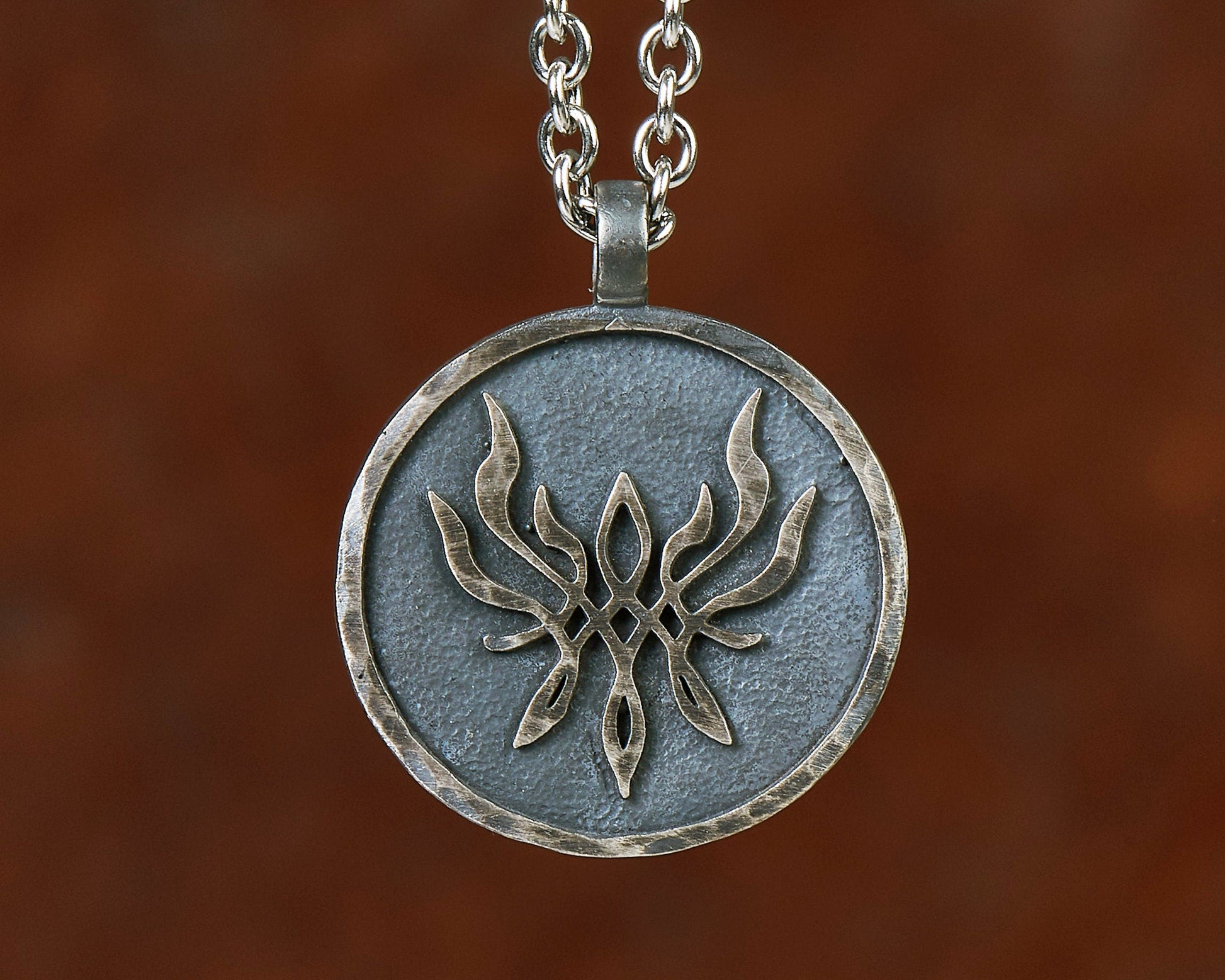 925 Sterling Silver Fire Emblem Crest of Flames Metal Pendant Necklace - Baldur Jewelry