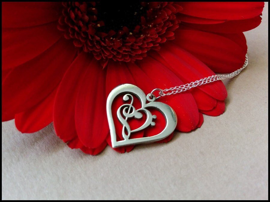 925 Sterling Silver Treble & Bass Clef Heart Necklace - Baldur Jewelry