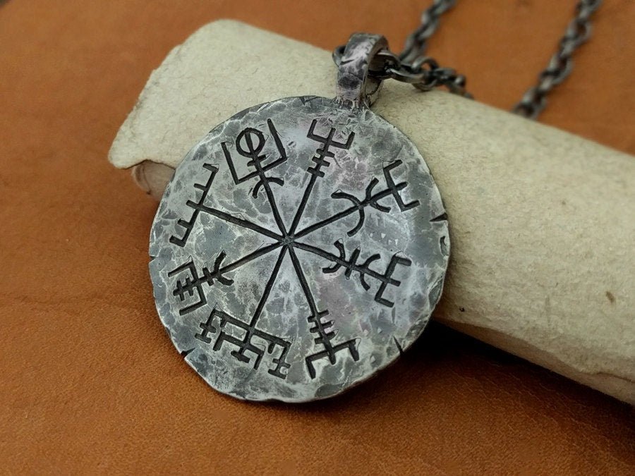 925 Sterling Silver Viking Jewelry Compass Vegvisir Pendant Necklace Norse Jewelry Hand Hammered - Baldur Jewelry