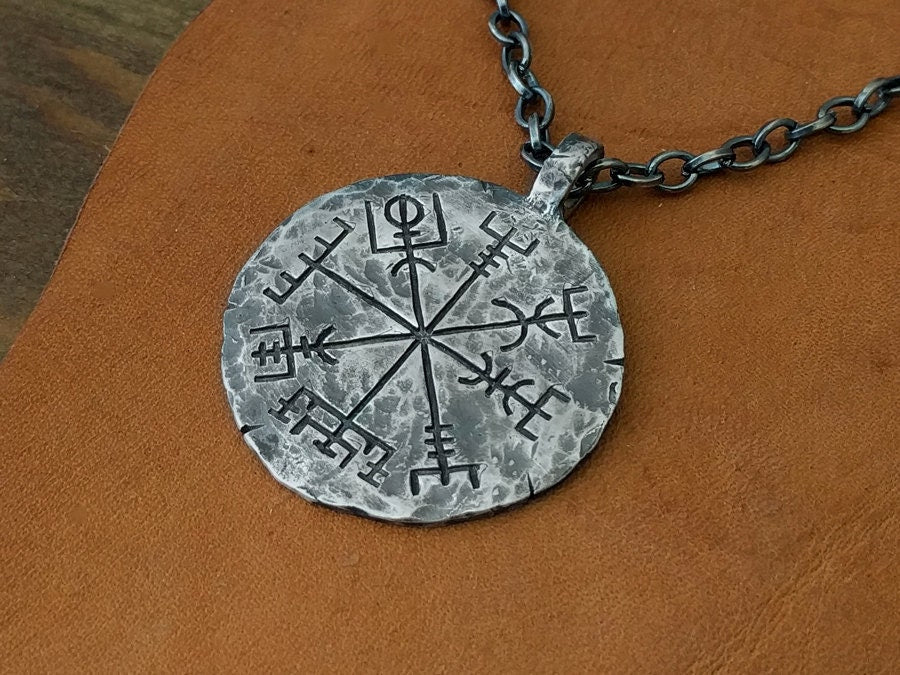 925 Sterling Silver Viking Jewelry Compass Vegvisir Pendant Necklace Norse Jewelry Hand Hammered - Baldur Jewelry