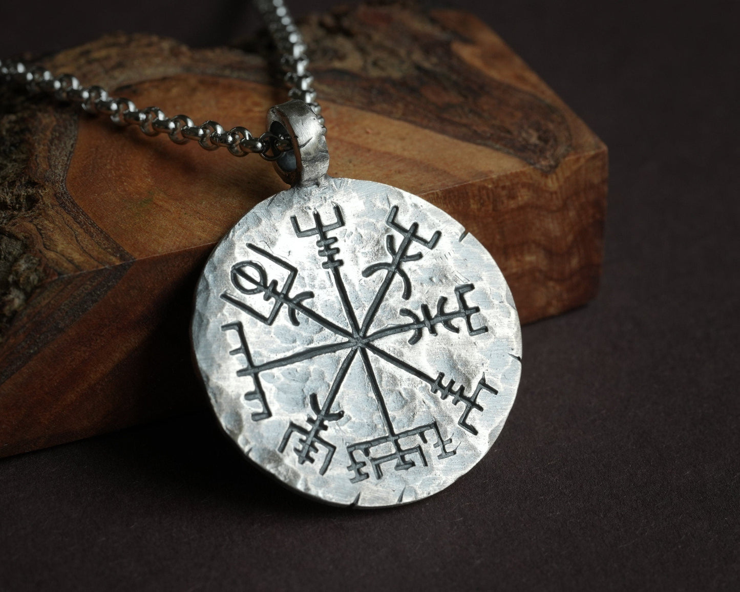 925 Sterling Silver Viking Jewelry Compass Vegvisir Pendant Necklace Norse Jewelry Hand Hammered - Baldur Jewelry