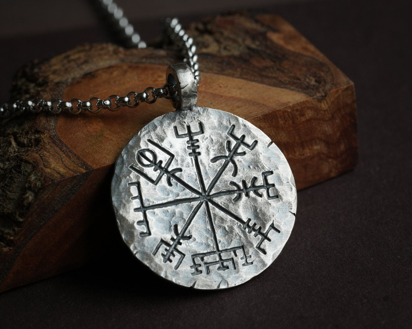 925 Sterling Silver Viking Jewelry Compass Vegvisir Pendant Necklace Norse Jewelry Hand Hammered - Baldur Jewelry