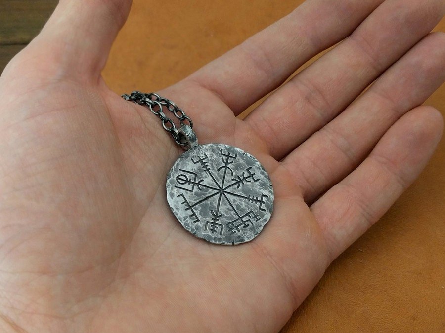 925 Sterling Silver Viking Jewelry Compass Vegvisir Pendant Necklace Norse Jewelry Hand Hammered - Baldur Jewelry