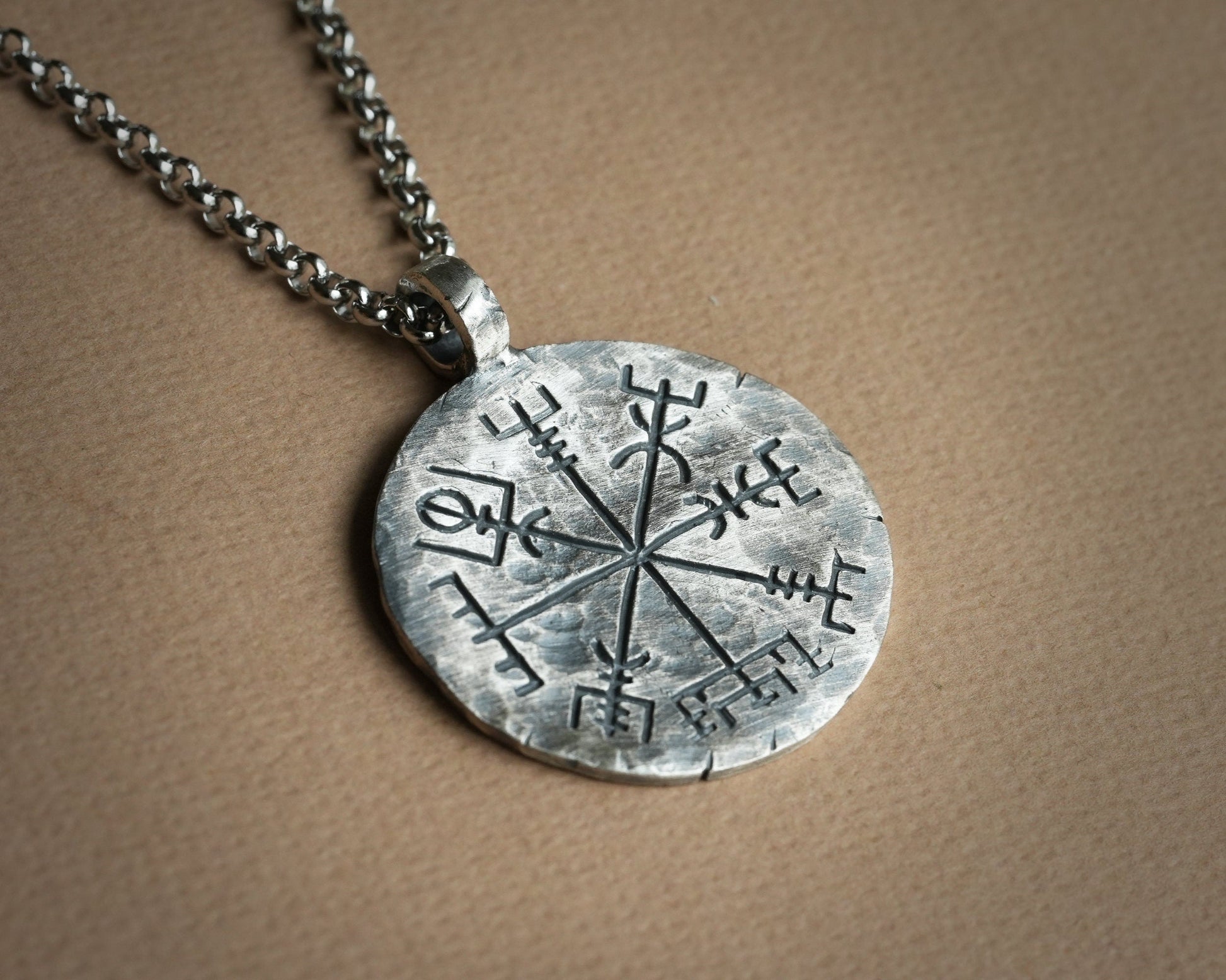 925 Sterling Silver Viking Jewelry Compass Vegvisir Pendant Necklace Norse Jewelry Hand Hammered - Baldur Jewelry