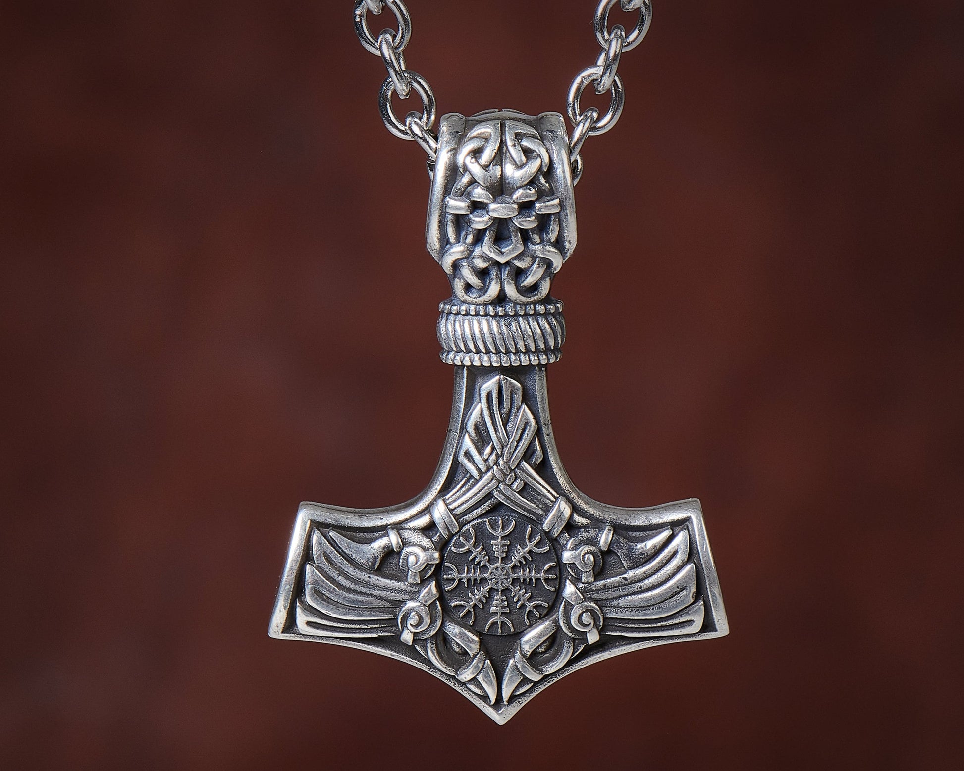 925 Sterling Silver Viking Men Thors Hammer Vegvisir Aegishjalmur Raven Huginn Muninn Mjölnir Pendant Necklace Amulet Talisman Jewelry - Baldur Jewelry