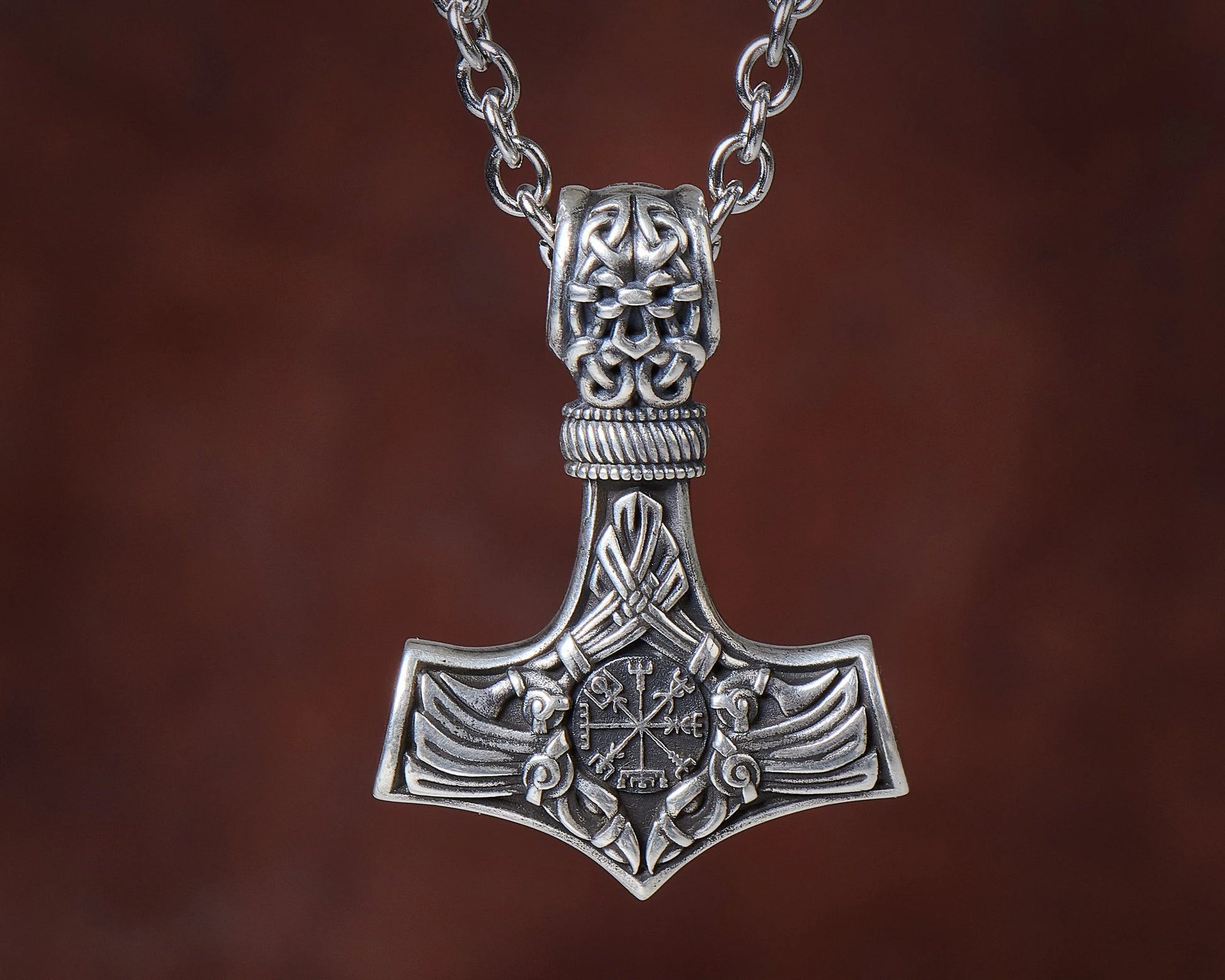 925 Sterling Silver Viking Men Thors Hammer Vegvisir Aegishjalmur Raven Huginn Muninn Mjölnir Pendant Necklace Amulet Talisman Jewelry - Baldur Jewelry