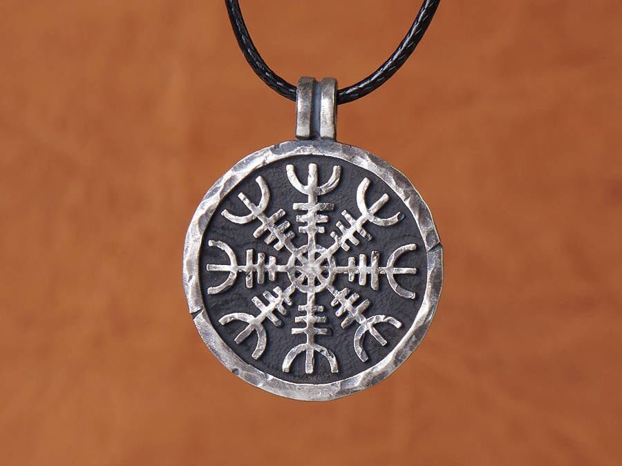 925 Sterling Silver Viking Protection Amulet - Aegishjalmur Helm of Awe, Hand Hammered Norse Pendant Necklace With Adjustable String - Baldur Jewelry