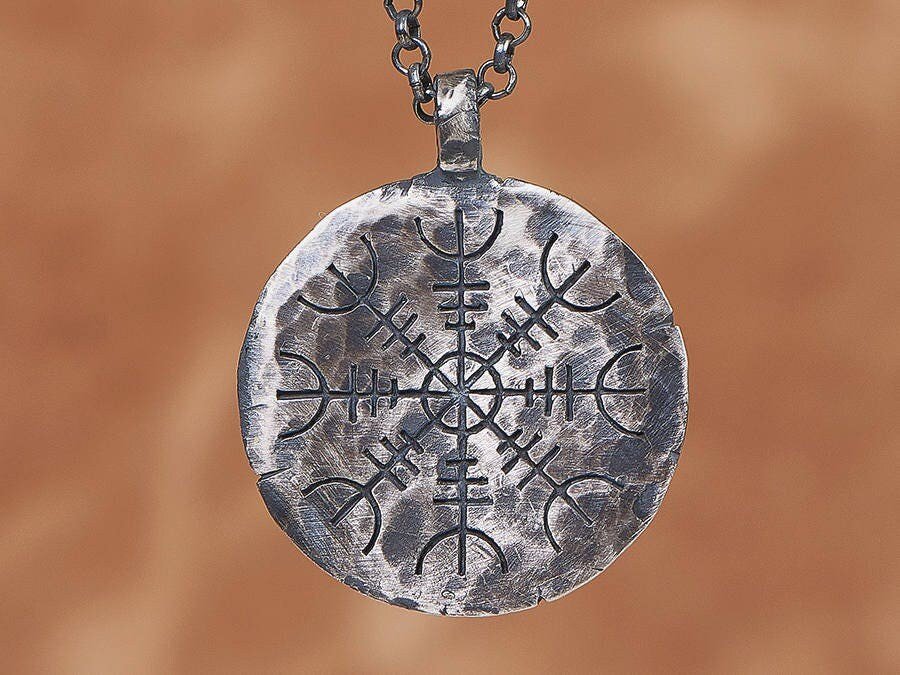 925 Sterling Silver Viking Protection Amulet - Aegishjalmur Helm of Awe, Hand Hammered Norse Pendant Necklace With Chain - Baldur Jewelry