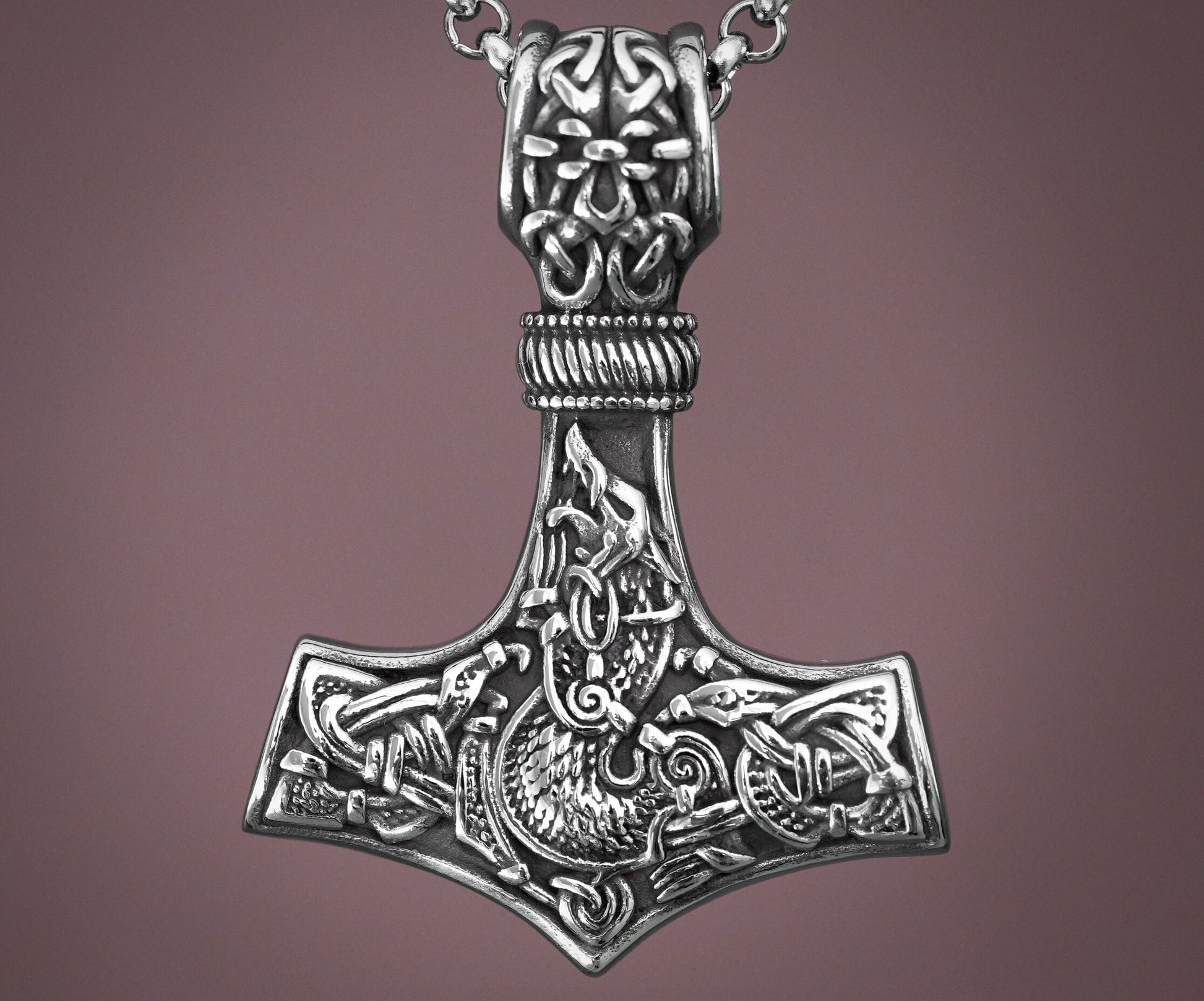 925 Sterling Silver Viking Wolf Fenrir Thor Hammer Thors Mjölnir Mjolnir Necklace Pendant - Baldur Jewelry