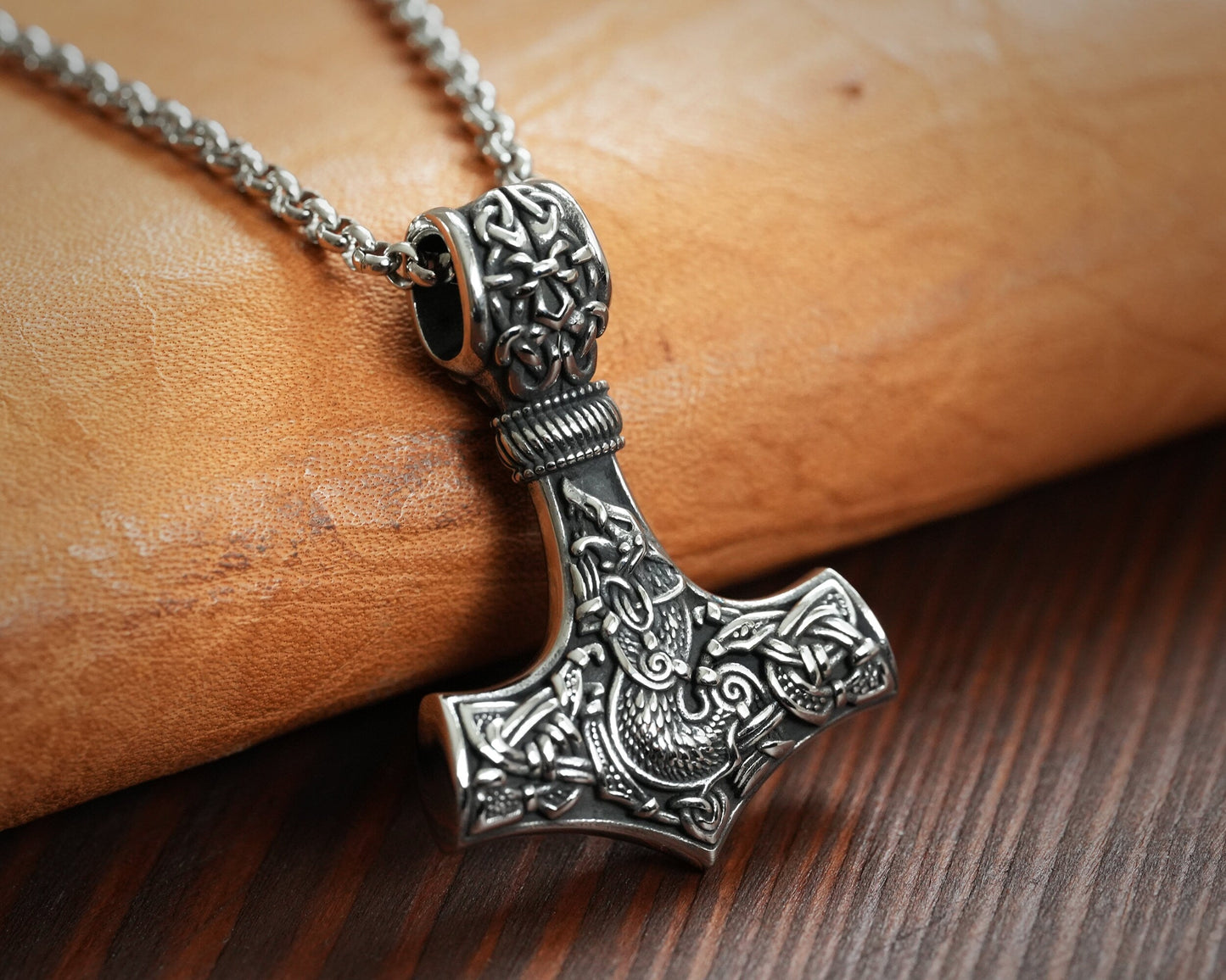 925 Sterling Silver Viking Wolf Fenrir Thor Hammer Thors Mjölnir Mjolnir Necklace Pendant - Baldur Jewelry