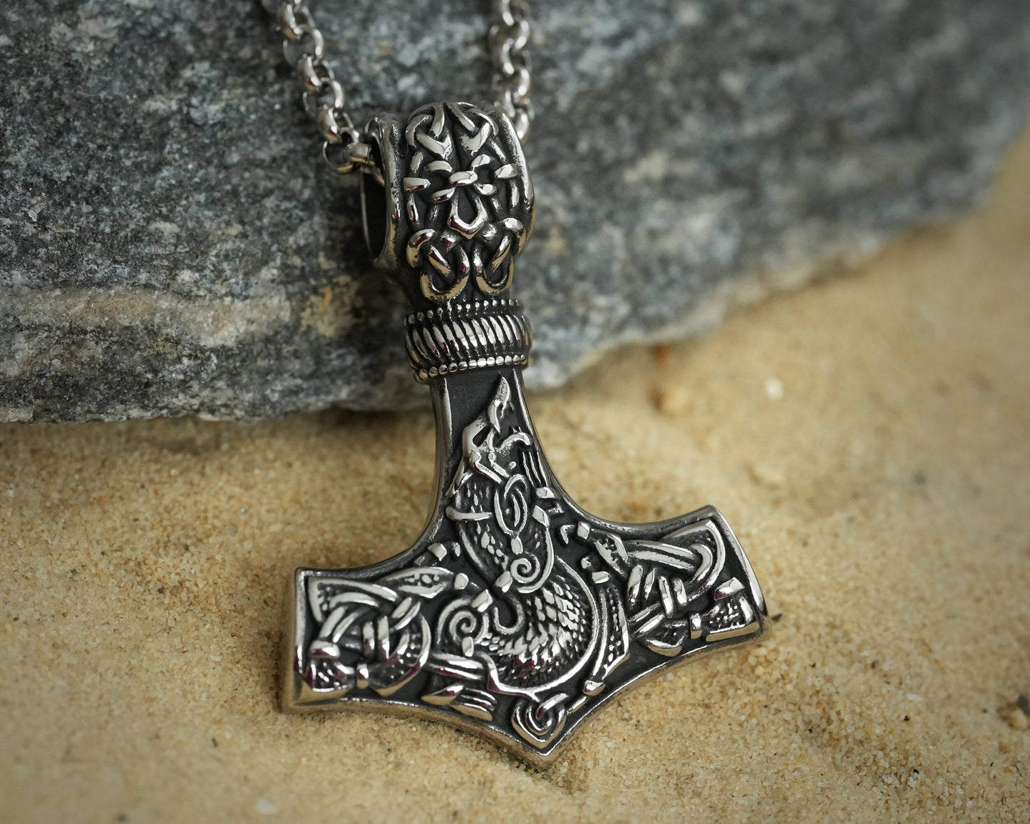 925 Sterling Silver Viking Wolf Fenrir Thor Hammer Thors Mjölnir Mjolnir Necklace Pendant - Baldur Jewelry