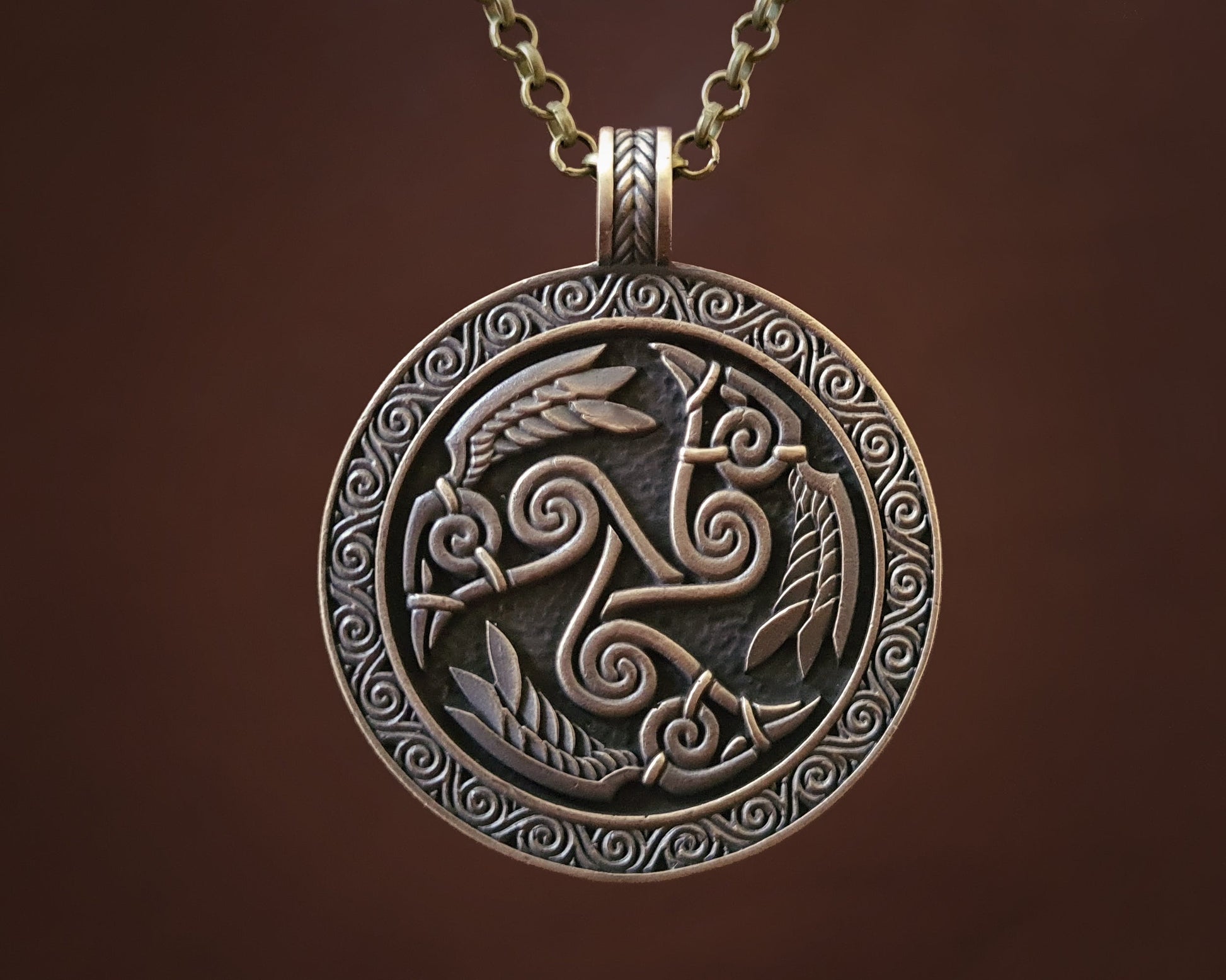 Celtic Morrigan Goddess Three Ravens Morrighan Triskelion Triskele Pendant Necklace Charm Medallion - Baldur Jewelry