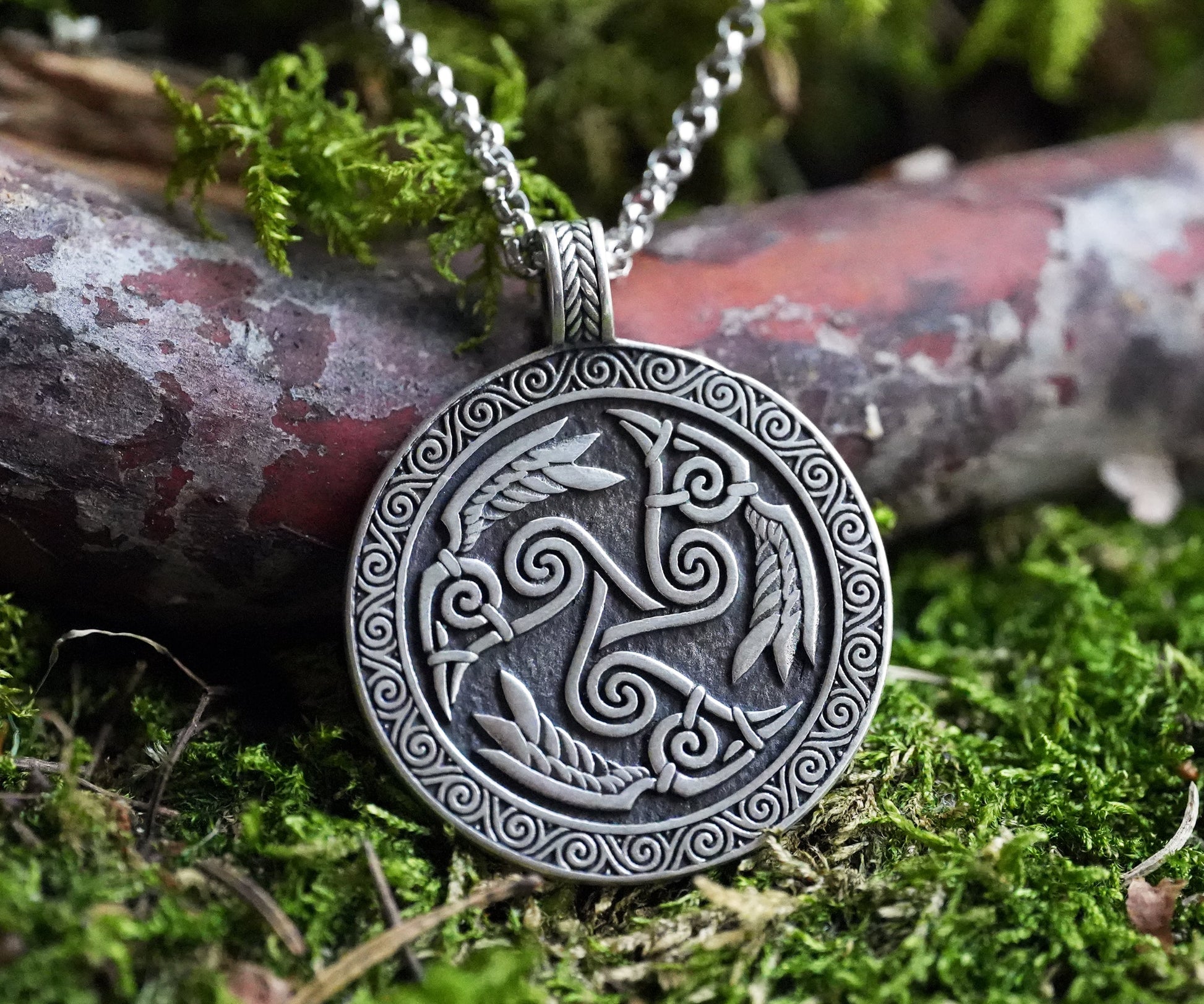 Celtic Morrigan Goddess Three Ravens Morrighan Triskelion Triskele Pendant Necklace Charm Medallion - Baldur Jewelry