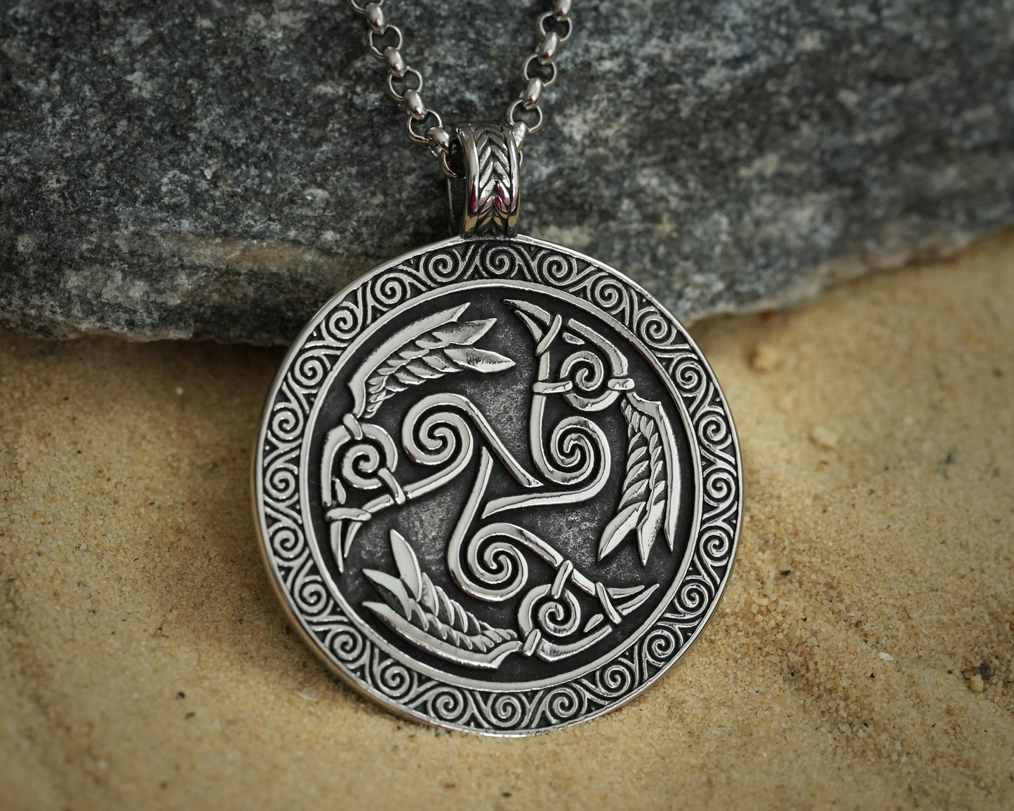 Celtic Morrigan Goddess Three Ravens Morrighan Triskelion Triskele Pendant Necklace Charm Medallion - Baldur Jewelry