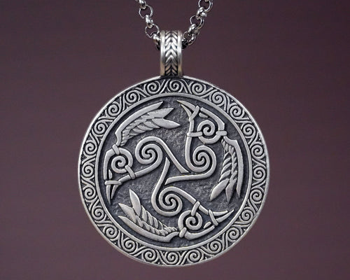 Celtic Morrigan Goddess Three Ravens Morrighan Triskelion Triskele Pendant Necklace Charm Medallion - Baldur Jewelry