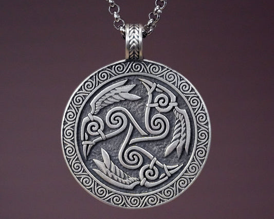 Celtic Morrigan Goddess Three Ravens Morrighan Triskelion Triskele Pendant Necklace Charm Medallion - Baldur Jewelry