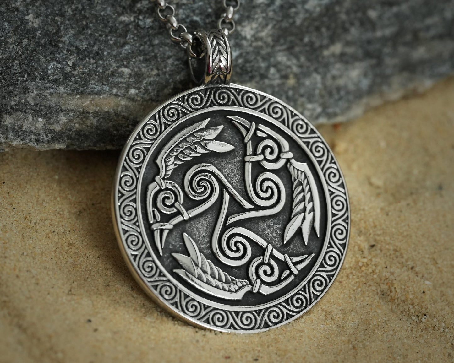 Celtic Morrigan Goddess Three Ravens Morrighan Triskelion Triskele Pendant Necklace Charm Medallion - Baldur Jewelry